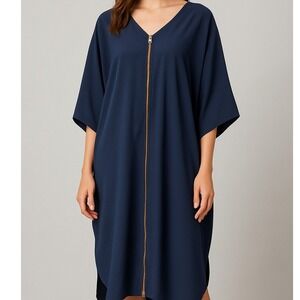 Navy Blue Asymmetrical Dolman Sleeve Zipper Front Dress Women